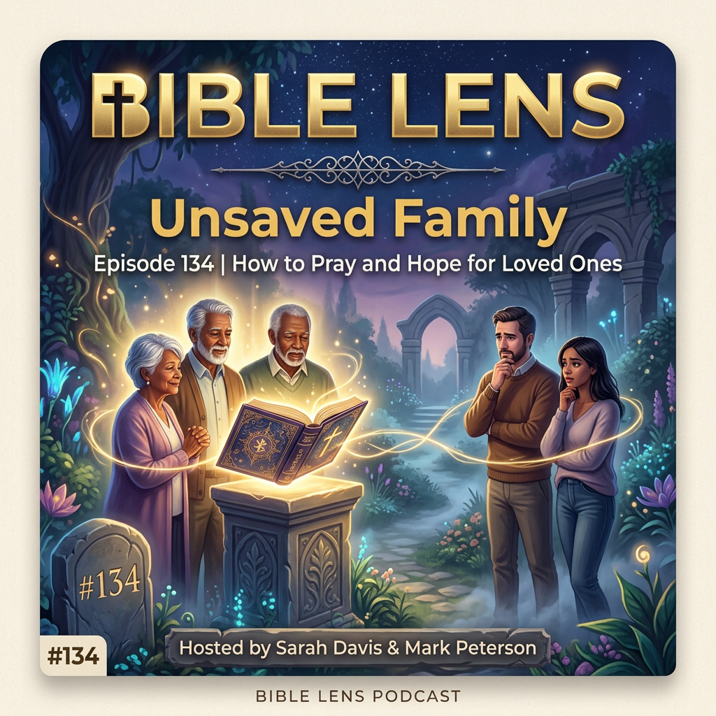 Bible Lens podcast episode 134 titled Unsaved Family with illustrated figures around a glowing Bible