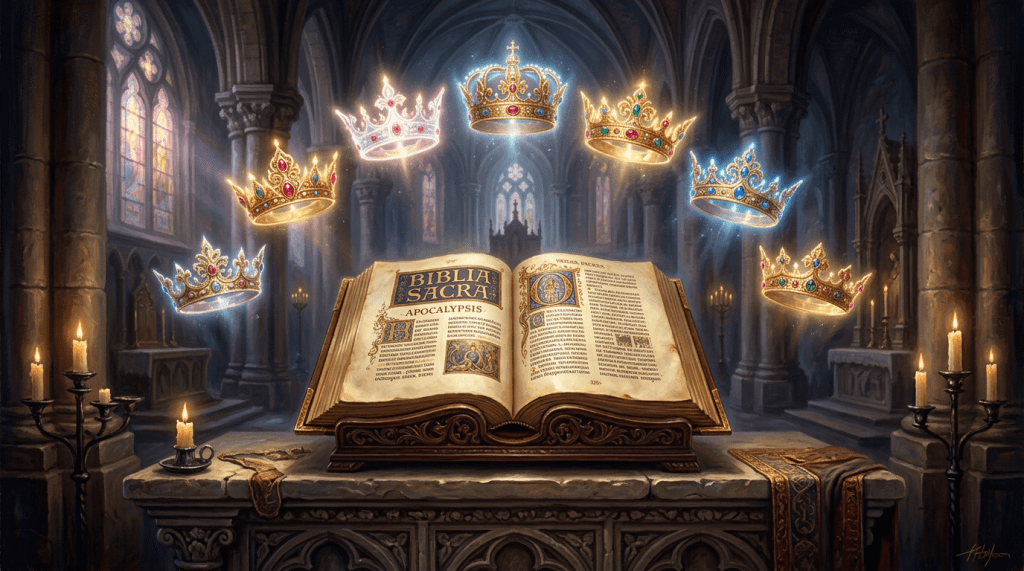 Ancient Bible open to Apocalypse with seven jeweled crowns floating above on an altar in a gothic cathedral