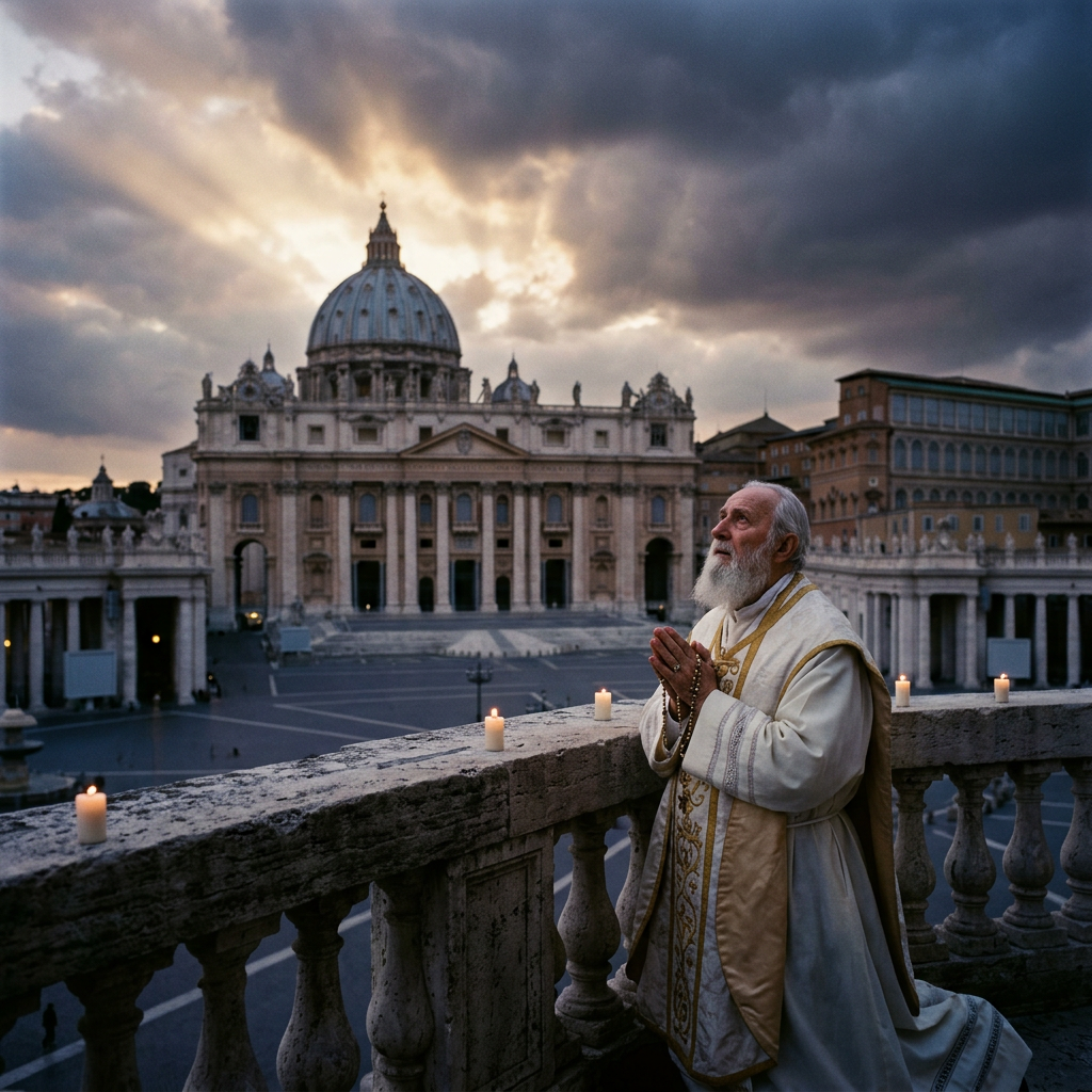Elderly priest kneeling in prayer with rosary outside St. Peter's Basilica
