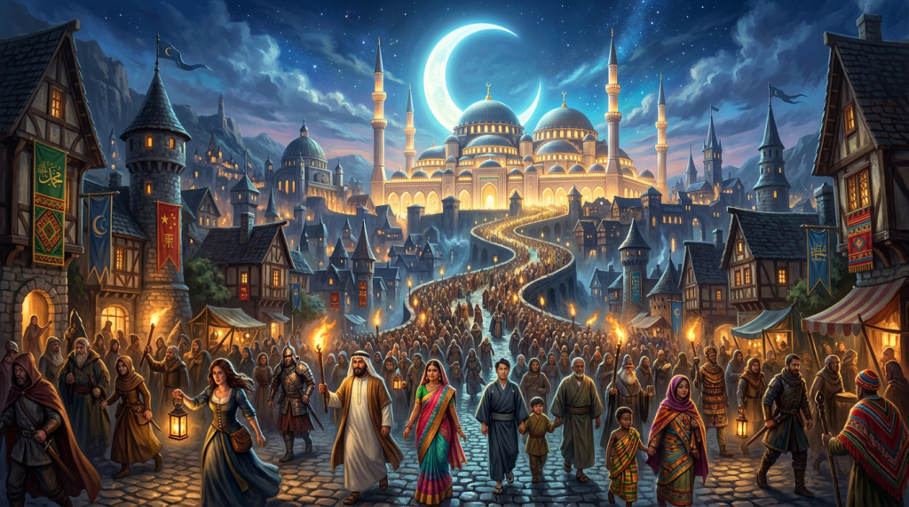 Crowd holding lanterns walking through medieval town at night towards cathedral under crescent moon