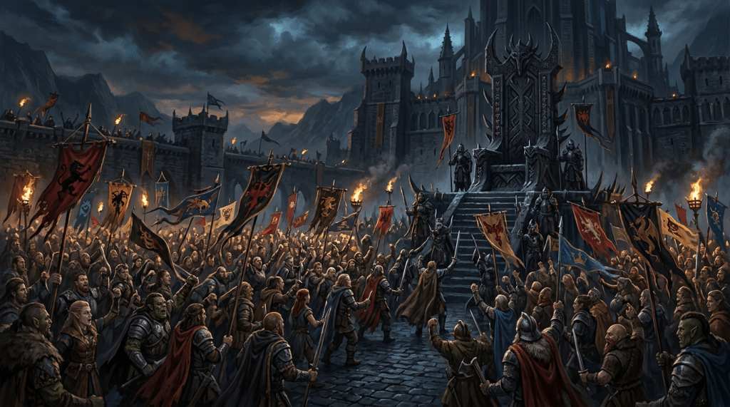 A large, diverse army with banners and torches gathers before a dark, ornate throne inside a stone castle under a moody sky.
