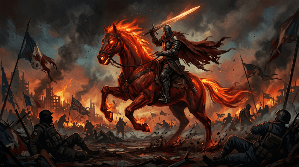 Armored knight on fire horse wielding sword amid burning battlefield with soldiers and flags