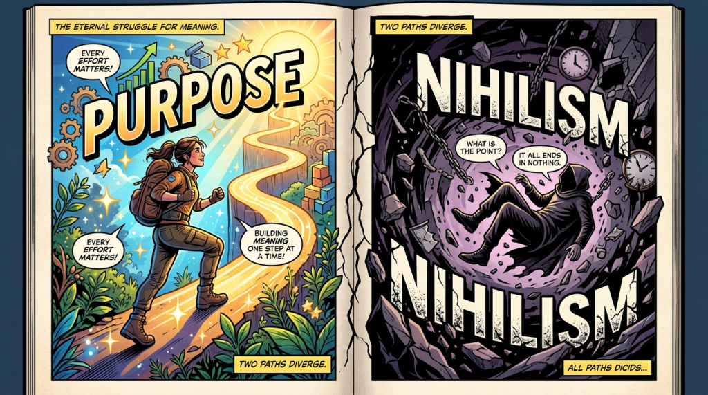 Illustration of two diverging paths labeled Purpose and Nihilism, with a person climbing a bright path and a hooded figure falling into a dark void