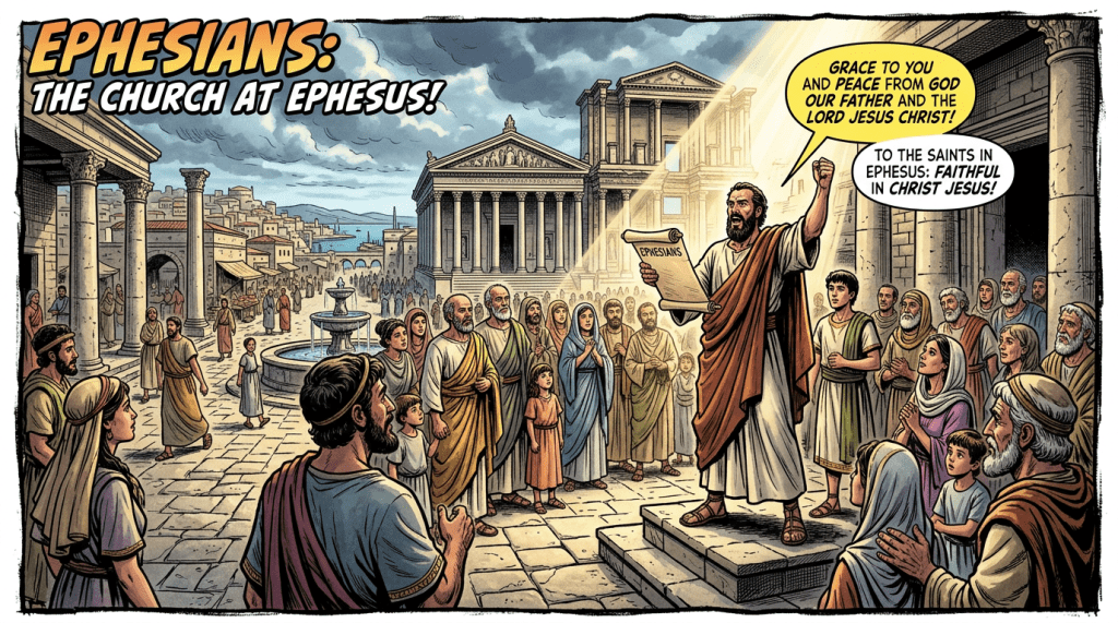 Paul preaching to a group in ancient Ephesus holding a scroll labeled Ephesians
