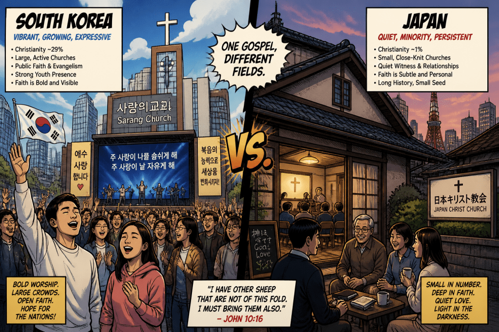 South Korea vibrant public worship and Japan quiet small church gathering
