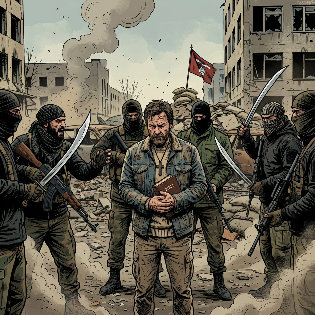 Christian surrounded by sword-wielding ISIS fighters during tribulation