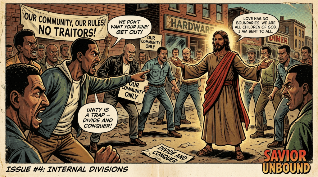 Comic panel showing Jesus confronting an angry crowd beside anti-foreigner and segregation signs