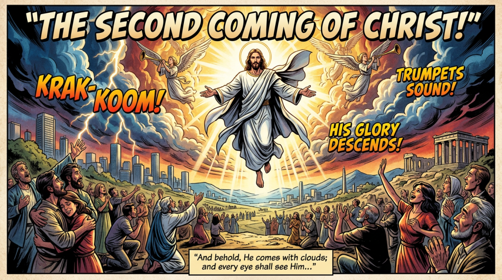 Comic illustration of Christ descending amid angels, lightning, and worshipping crowds