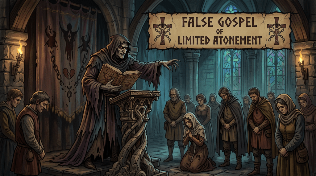 Banner reads “FALSE GOSPEL OF LIMITED ATONEMENT” above a hooded preacher and congregation
