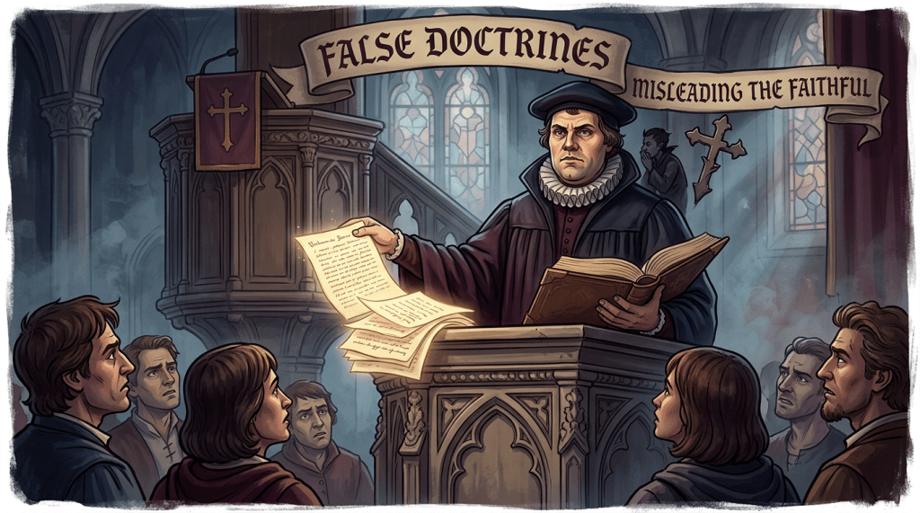 Preacher holding papers and Bible beneath banners reading “FALSE DOCTRINES” and “MISLEADING THE FAITHFUL”
