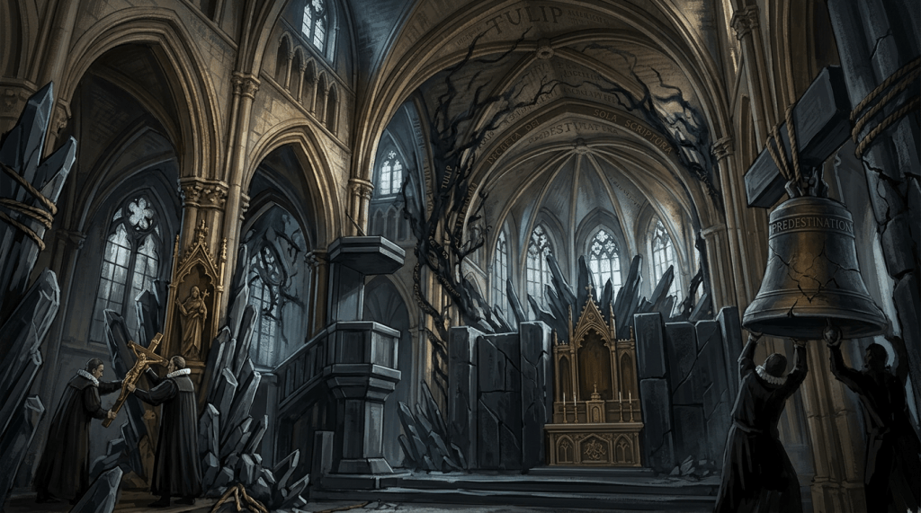 Dark-robed figures in a cracked Gothic cathedral with a bell labeled PREDESTINATION
