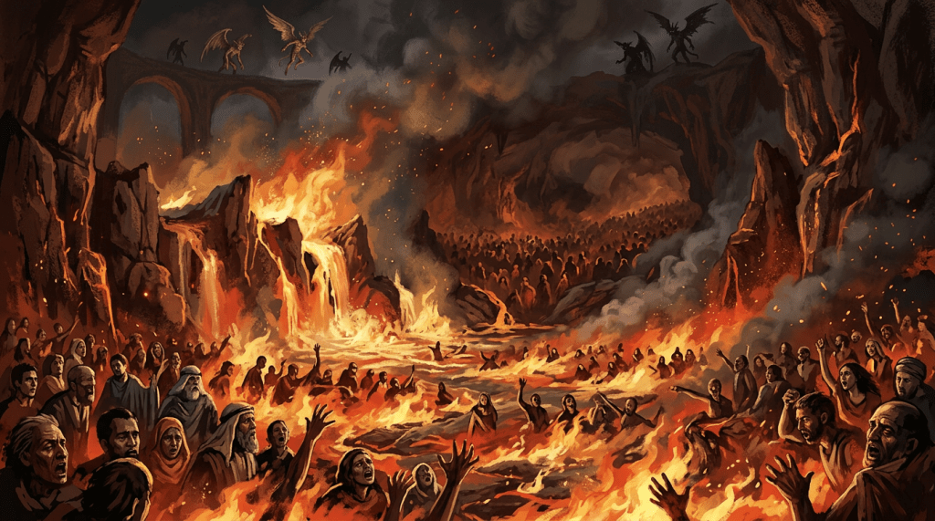 Crowds of people surrounded by flames in a demonic underworld