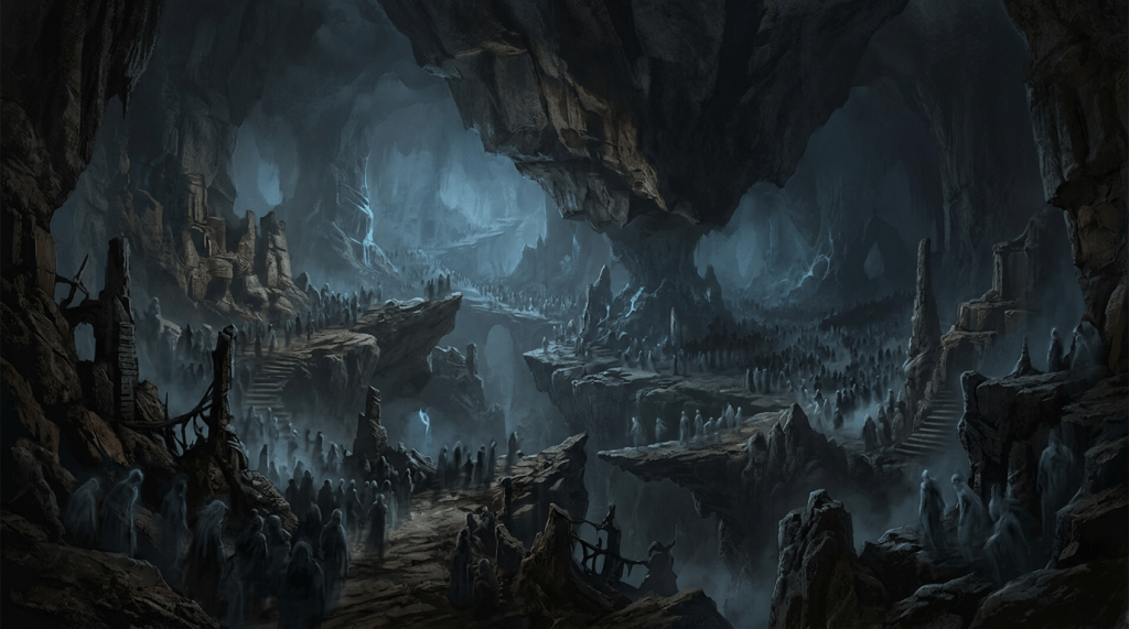Ghostly figures filling a vast blue-lit cavern with rocky bridges