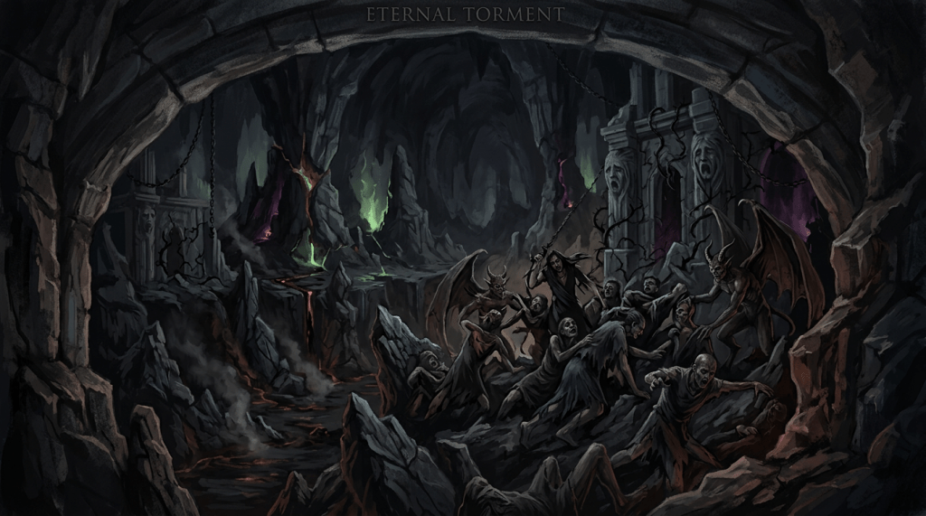 Tormented souls and demons gathered in a volcanic underworld beneath Eternal Torment