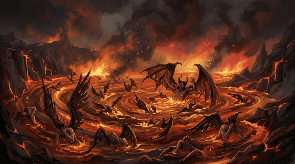 Winged figures struggling in a lava lake surrounded by erupting volcanoes