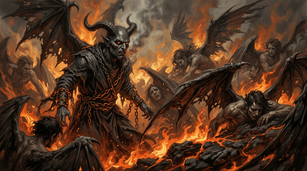 Horned demon surrounded by winged figures and flames