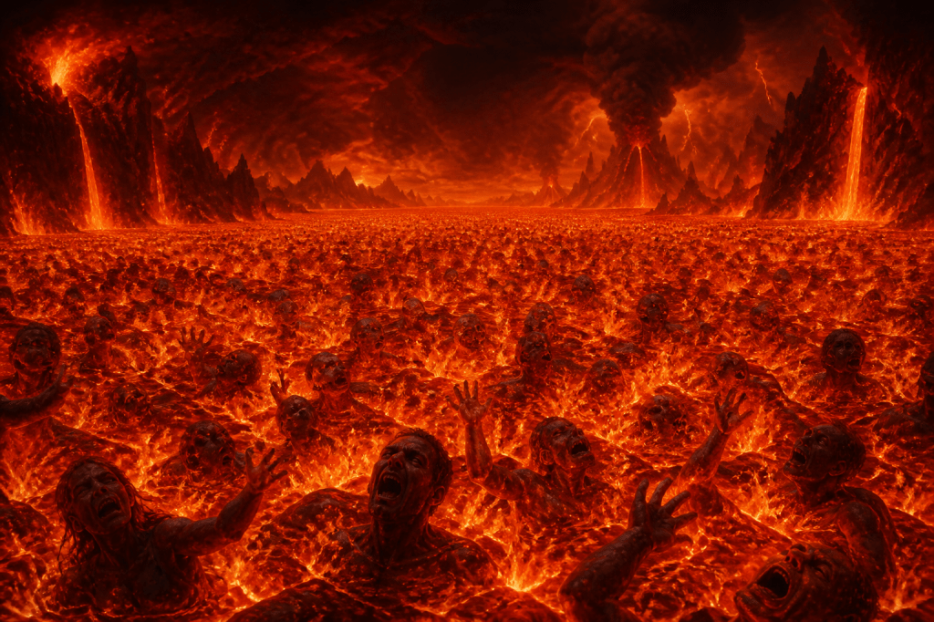 Figures reaching from lava beneath a fiery volcanic landscape