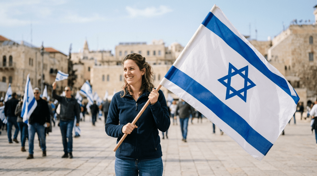 Woman carrying an Israeli flag near Jerusalem’s Western Wall