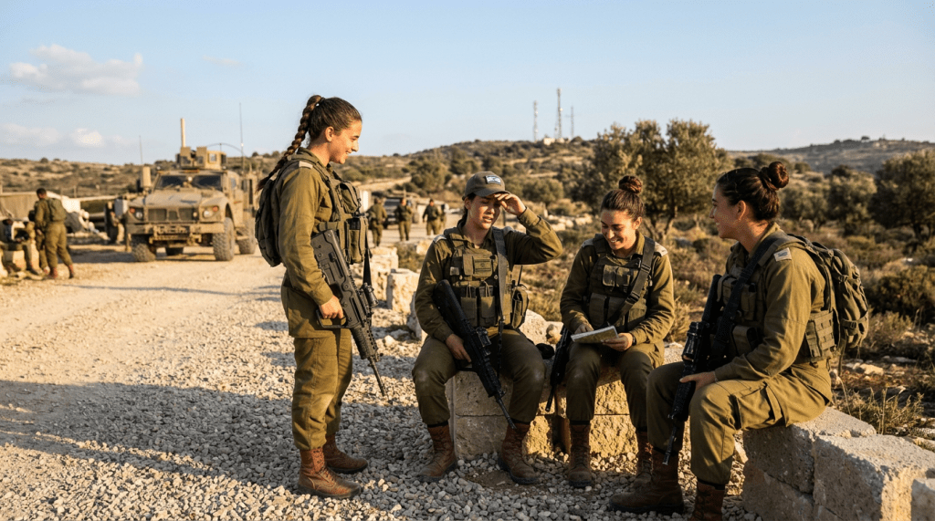 Four women soldiers with rifles gather beside a military vehicle outdoors