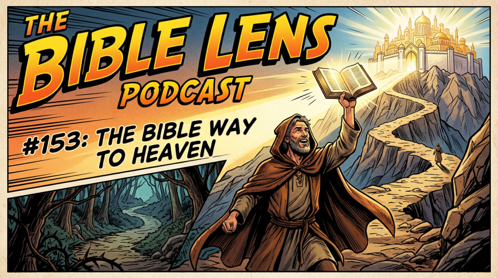 The Bible Lens Podcast, #153: The Bible Way to Heaven, with a robed man holding an open Bible before a mountain path and radiant heavenly city