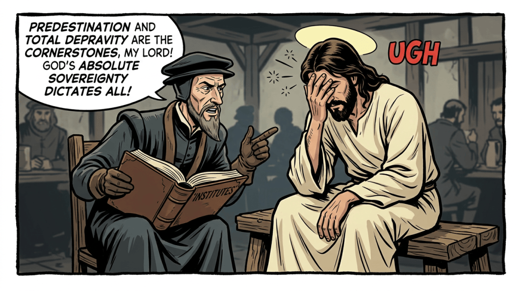 Speech bubble reads “PREDESTINATION AND TOTAL DEPRAVITY ARE THE CORNERSTONES, MY LORD! GOD’S ABSOLUTE SOVEREIGNTY DICTATES ALL!”; another figure says “UGH,” and a book is labeled “INSTITUTES.”