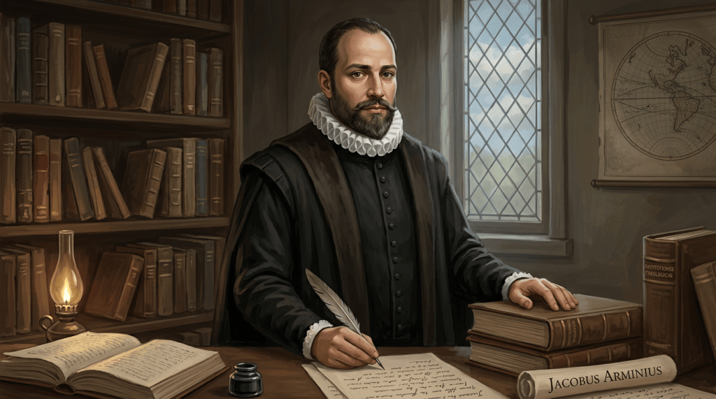 Jacobus Arminius writing at a desk, with books and a map labeled IACOBUS ARMINIUS