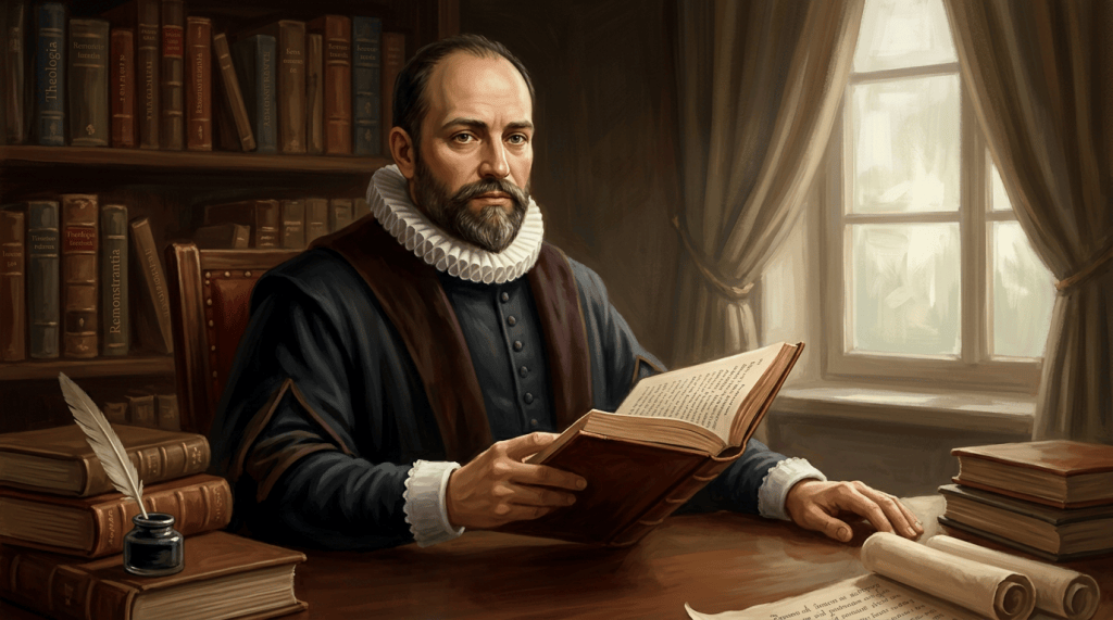 Bearded scholar reading an open book beside shelves of books and scrolls