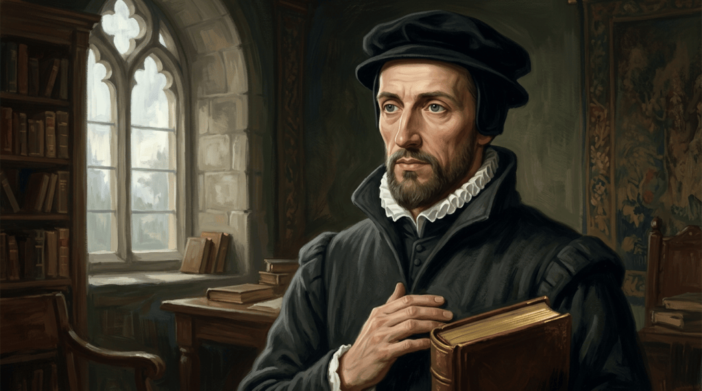 Renaissance scholar holding a leather-bound book in a historic library