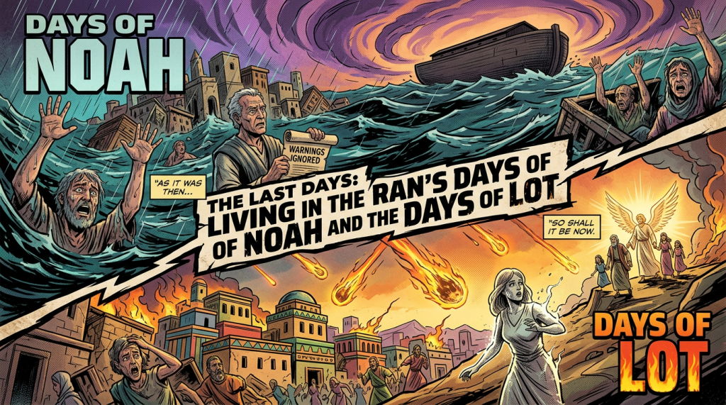 Comic-style biblical scene with text: DAYS OF NOAH; AS IT WAS THEN...; WARNINGS IGNORED; THE LAST DAYS: LIVING IN THE DAYS OF NOAH AND THE DAYS OF LOT; SO SHALL IT BE NOW; DAYS OF LOT.