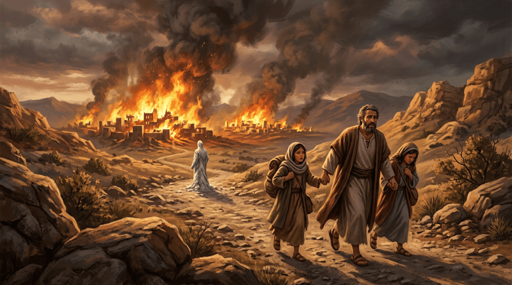 Family fleeing through rocky terrain as an ancient city burns