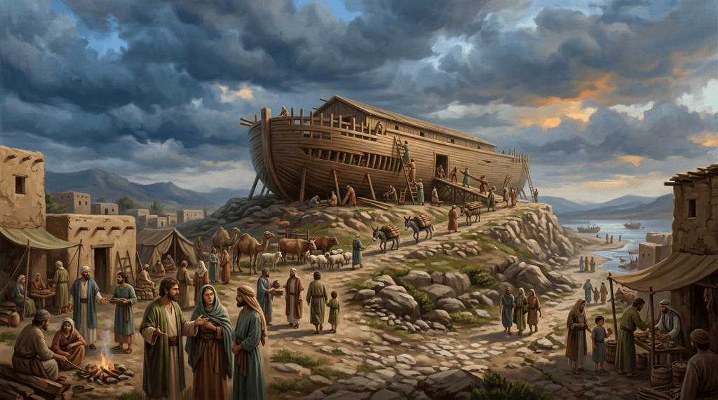 People build a large wooden ark beside a coastal settlement