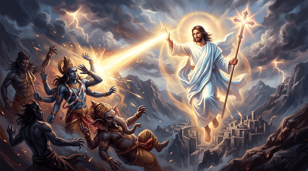 Jesus defeating demonic false gods