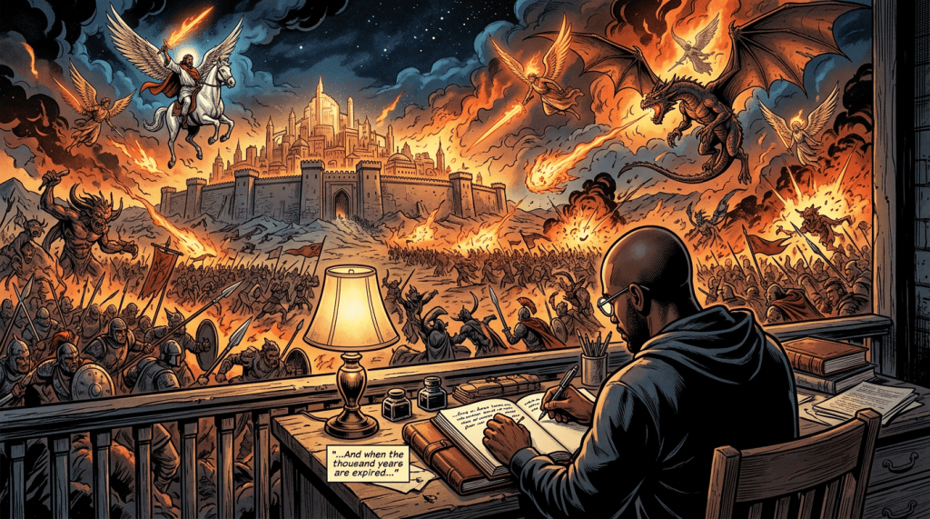 Hooded writer records a siege as dragons attack a castle; text reads, "...And when the thousand years are expired..."