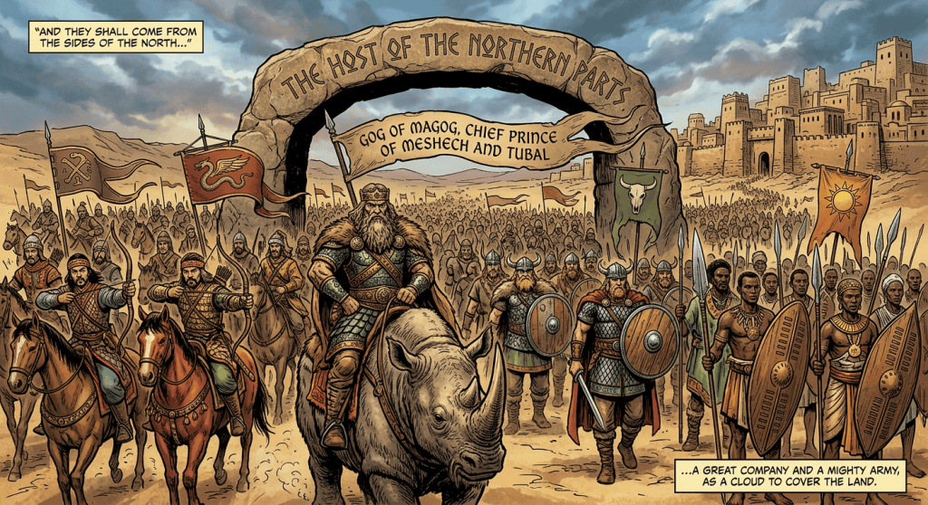 Comic-style army scene with text: “AND THEY SHALL COME FROM THE SIDES OF THE NORTH...”; “THE HOST OF THE NORTHERN PART”; “GOG OF MAGOG, CHIEF PRINCE OF MESHECH AND TUBAL”; “...A GREAT COMPANY AND A MIGHTY ARMY, AS A CLOUD TO COVER THE LAND.”
