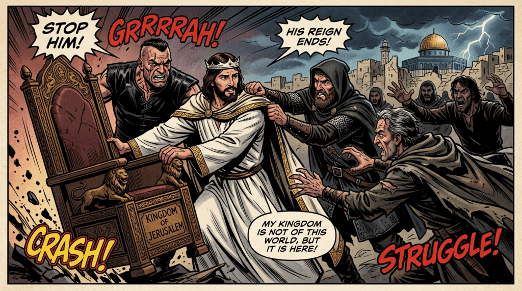 Comic panel with text: “STOP HIM!”, “GRRRRAH!”, “HIS REIGN ENDS!”, “MY KINGDOM IS NOT OF THIS WORLD, BUT IT IS HERE!”, “CRASH!”, “STRUGGLE!”, and “KINGDOM OF JERUSALEM.”