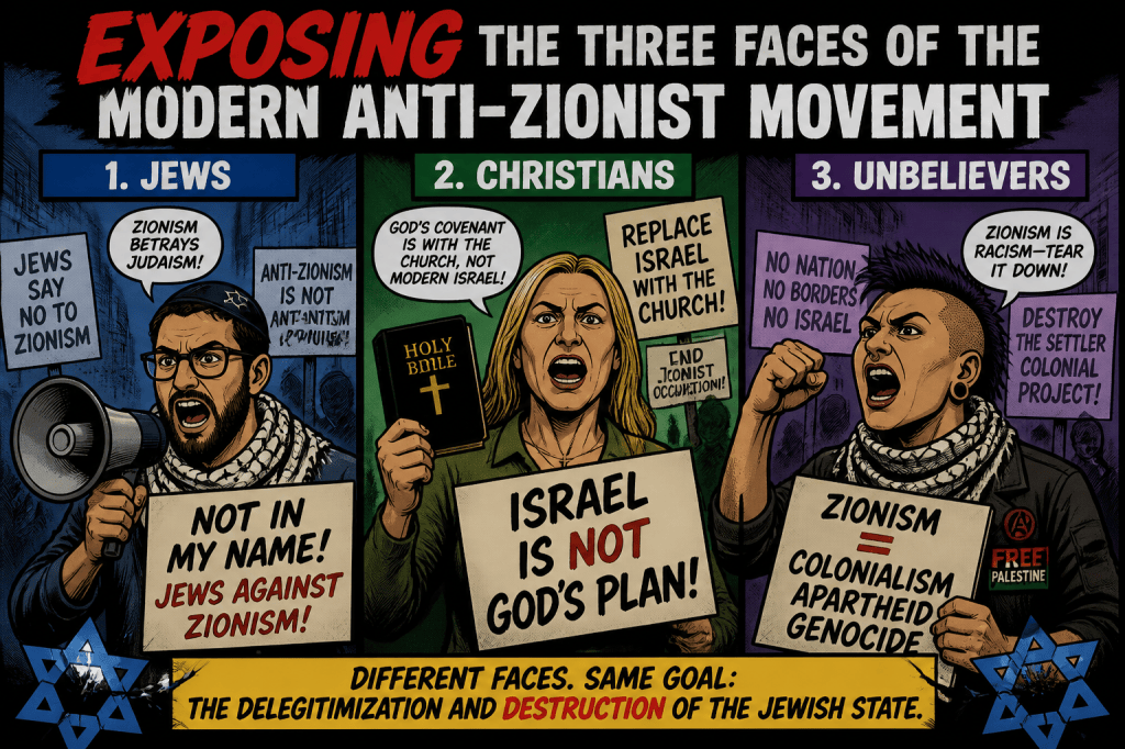 Poster titled “Exposing the Three Faces of the Modern Anti-Zionist Movement”