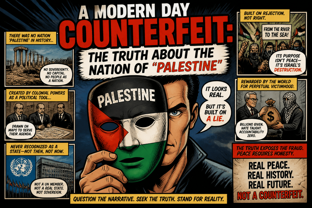 Comic poster reading “A MODERN DAY COUNTERFEIT: THE TRUTH ABOUT THE NATION OF ‘PALESTINE,’” with panels claiming Palestine was never a nation, was created as a colonial political tool, lacks sovereignty, and is built on a lie.