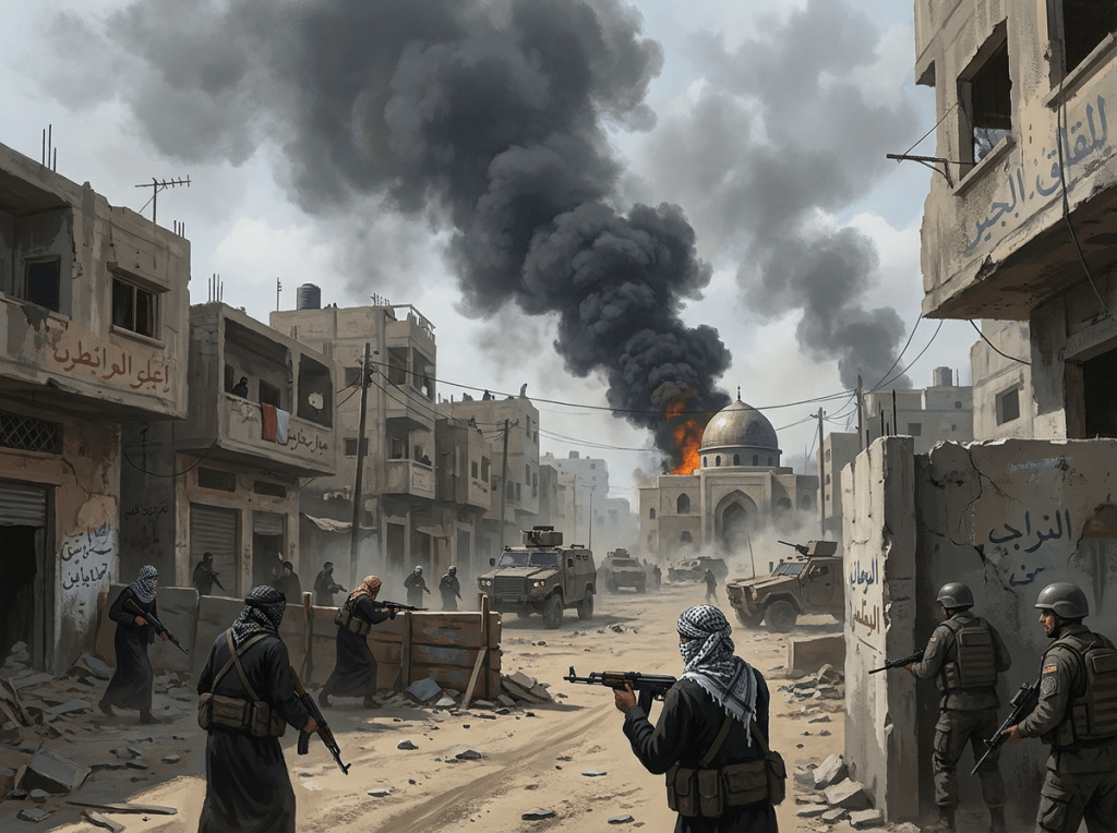 Armed fighters and soldiers in a damaged street near a burning mosque