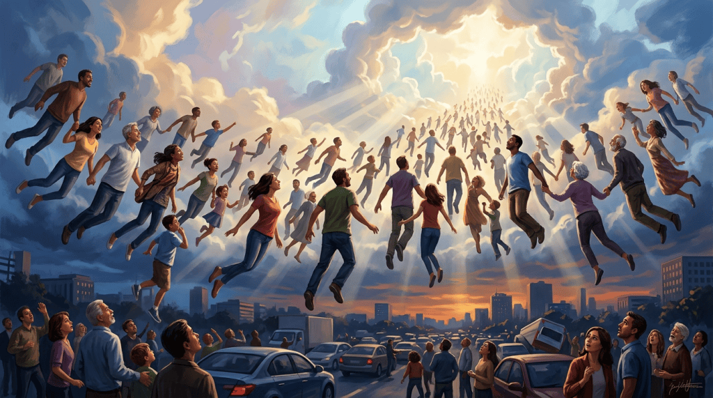 Diverse people floating toward radiant clouds above a city skyline