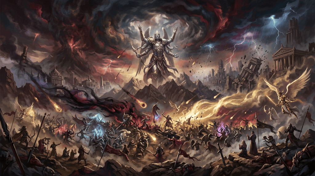 Celestial deity overlooking a battlefield of angels, demons, lightning, and ruined temples