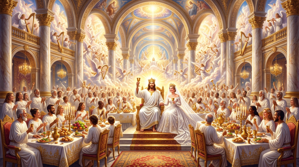 Crowned couple seated at a heavenly banquet surrounded by angels and guests