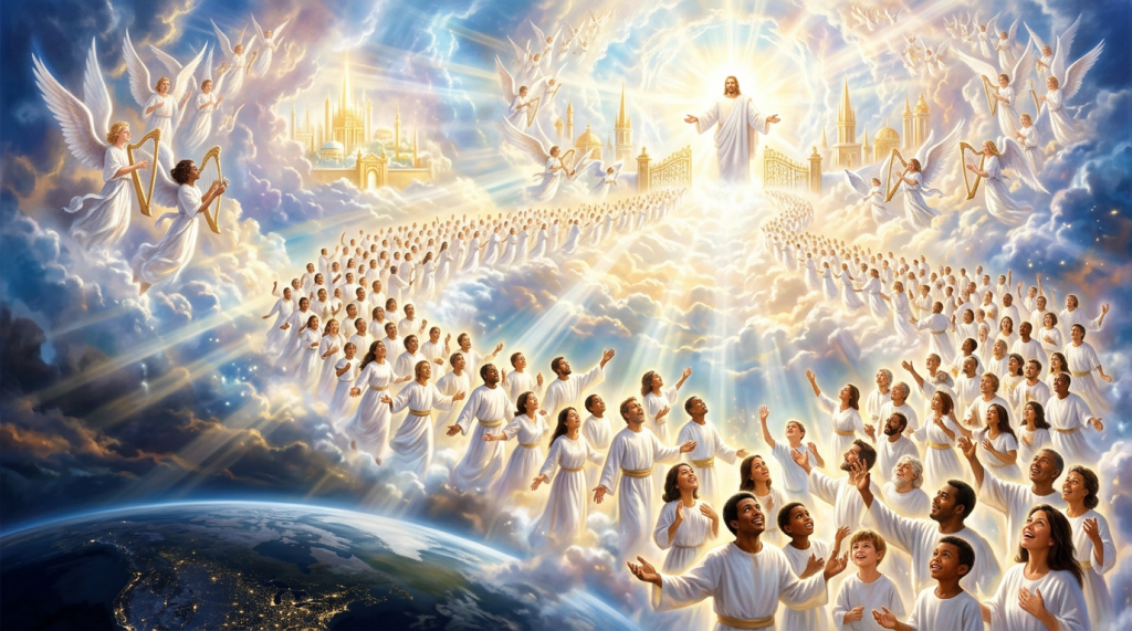 Jesus, angels, and diverse people worship above Earth in radiant clouds