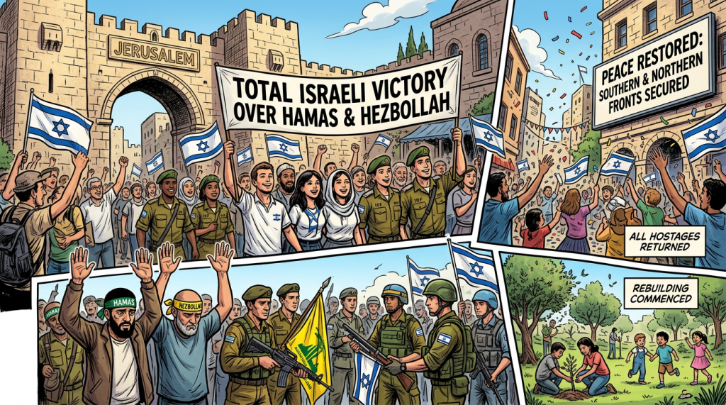 Comic collage reading “Jerusalem,” “Total Israeli Victory Over Hamas & Hezbollah,” “Peace Restored,” “All Hostages Returned,” and “Rebuilding Commenced.”