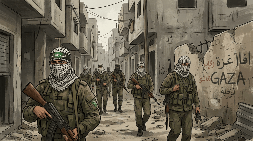 Illustration of masked armed men carrying rifles in a damaged Gaza alley with Arabic graffiti and “GAZA”