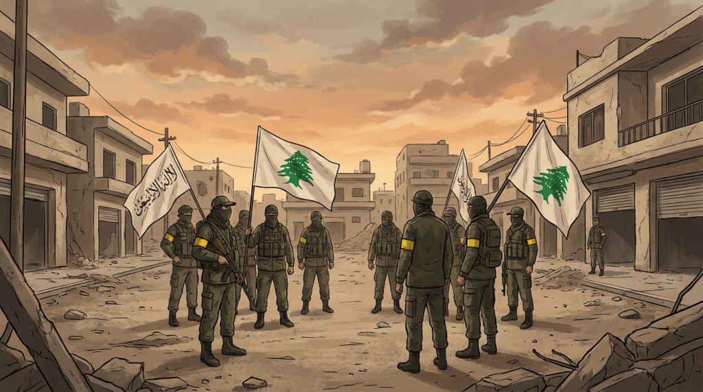 Masked armed men gather in a damaged street with Lebanese cedar flags