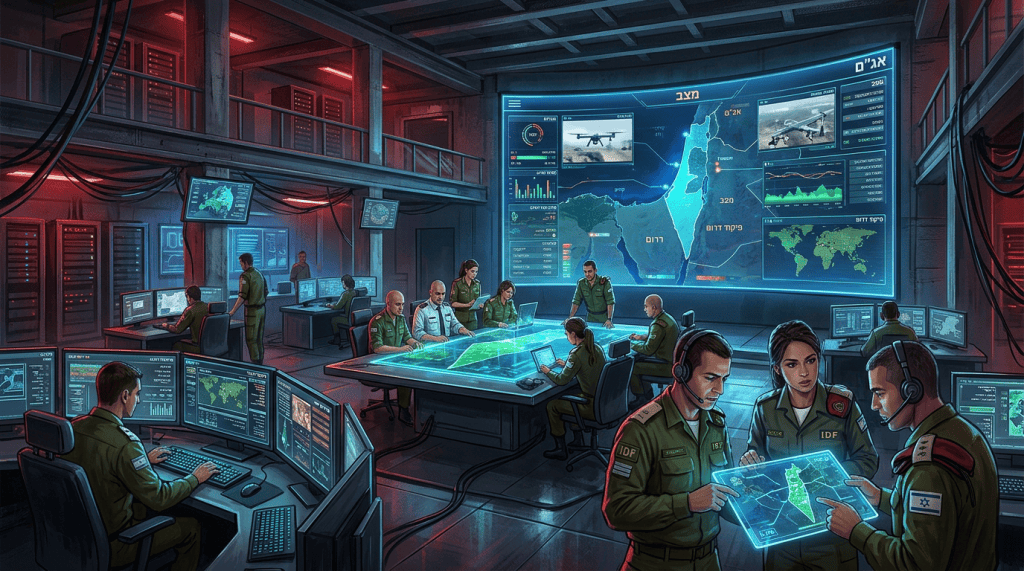 Military personnel coordinating operations in a command center with maps and monitors