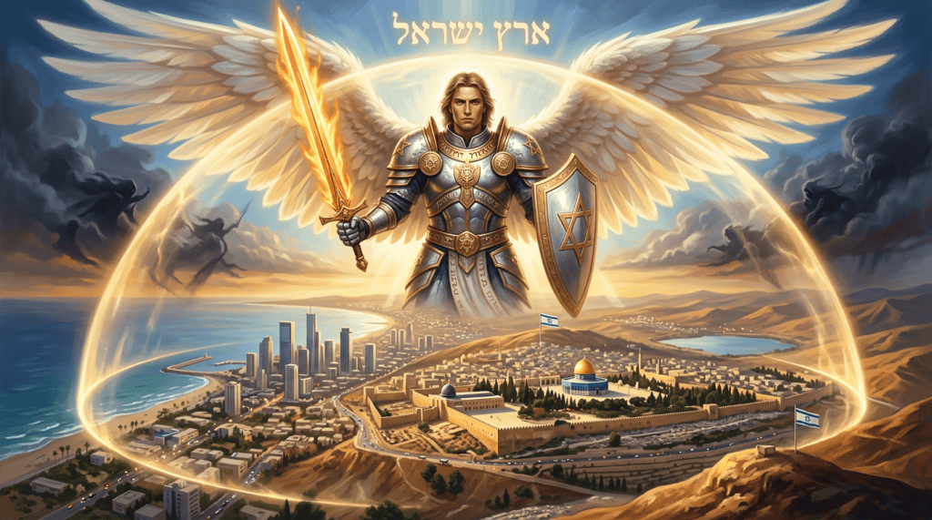 Armored angel over Israel landscape with Hebrew text ארץ ישראל