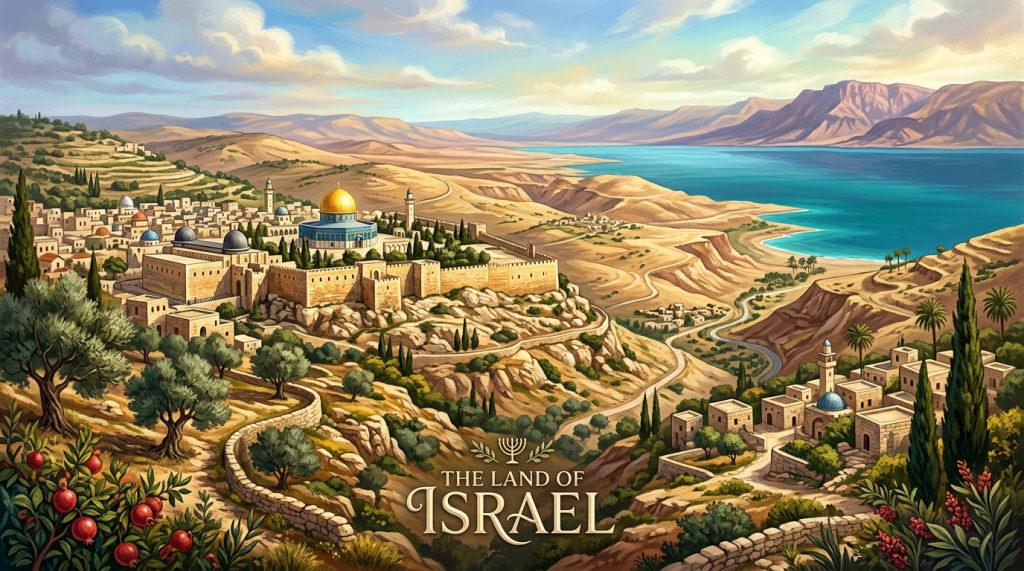 Illustrated landscape labeled "THE LAND OF ISRAEL" with Jerusalem, domed buildings, and a turquoise sea