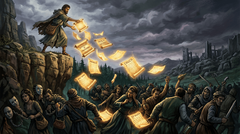 A robed figure releases glowing scrolls labeled Wisdom of Proverbs, Holy Word, Parables, and Truth above a protesting crowd.