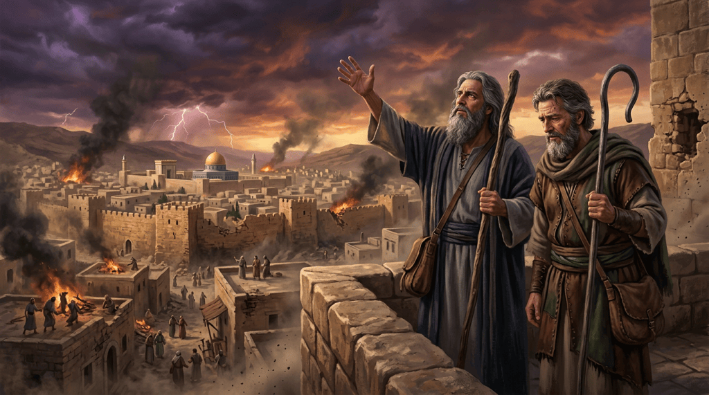 Two robed men overlook a burning ancient city during a storm
